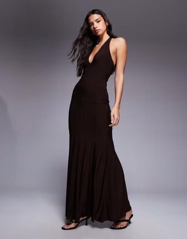 ファッションキラ レディース トップス ワンピース マキシ ホルター Fashionkilla double sculpted slinky plunge halterneck godet hemaxi dress in chocolate チョコレート
