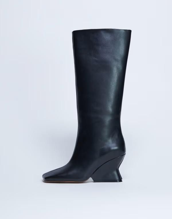 トップショップ レディース シューズ ブーツ・レインブーツ レザー Topshop Selma Premium leather knee high wedge boots Black ブラック