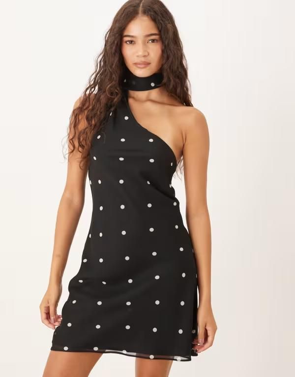 エイソス レディース トップス ワンピース シフォン ミニワンピース ドット ミニ ASOS DESIGN chiffon scarf mini dress polka dots Black Polka Dot ブラック