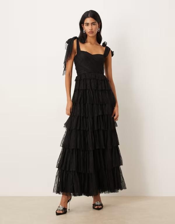 レース アンド ビーズ レディース トップス ワンピース ティアード マキシ Lace Beads lace bow shoulder tiered maxi dress Rose brown ブラウン