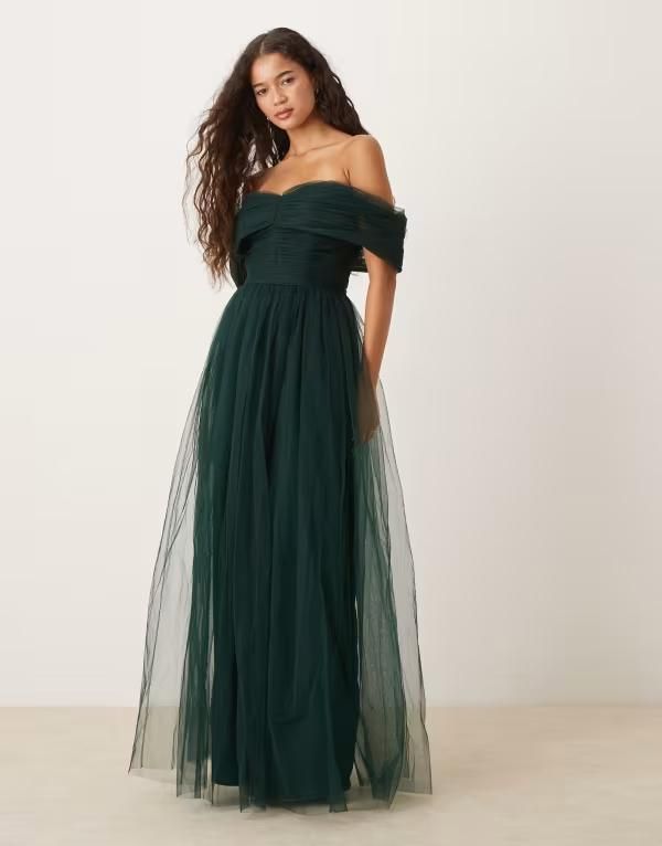 レース アンド ビーズ レディース トップス ワンピース チュール マキシ Lace Beads bow fallen shoulder maxi tulle dress in dark Dark Green グリーン