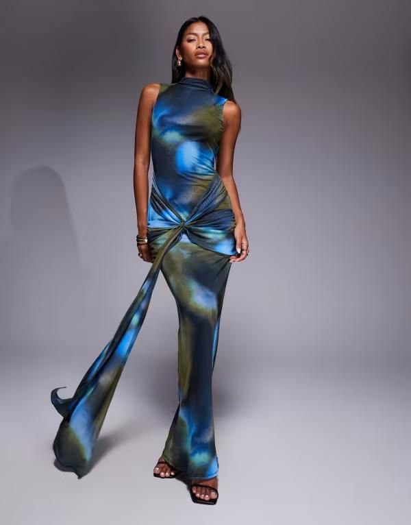 エイソス レディース トップス ワンピース ハイネック マキシワンピース ドレープ プリント メッシュ マキシ ASOS DESIGN printed mesh high neck draped maxi dress with sash in blurred