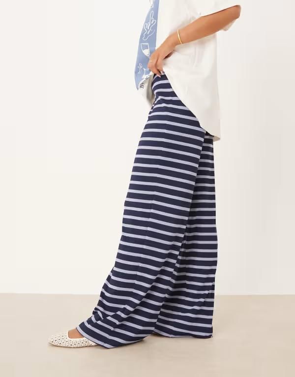 エイソス レディース ボトムス カジュアルパンツ ワイドレッグ パンツ ASOS DESIGN striped wide leg pants NAVY ネイビー