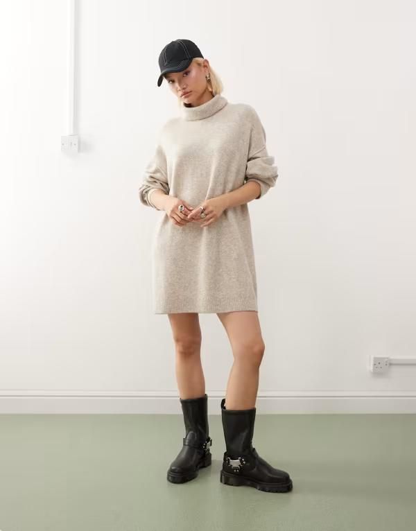 ウィークデイ レディース トップス ワンピース タートルネック ミニワンピース ミニ ニット Weekday turtle neck knit mini dress in heathered beige exclusive to ASOS Beige mela