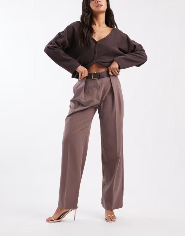 エイソス レディース ボトムス カジュアルパンツ ストレート ASOS DESIGN tailored high rise belted straight leg pants in taupe トープ