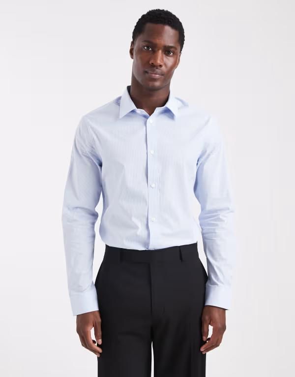 エイソス メンズ トップス シャツ ASOS DESIGN easy iron smart slim shirt in light BLUE ブルー