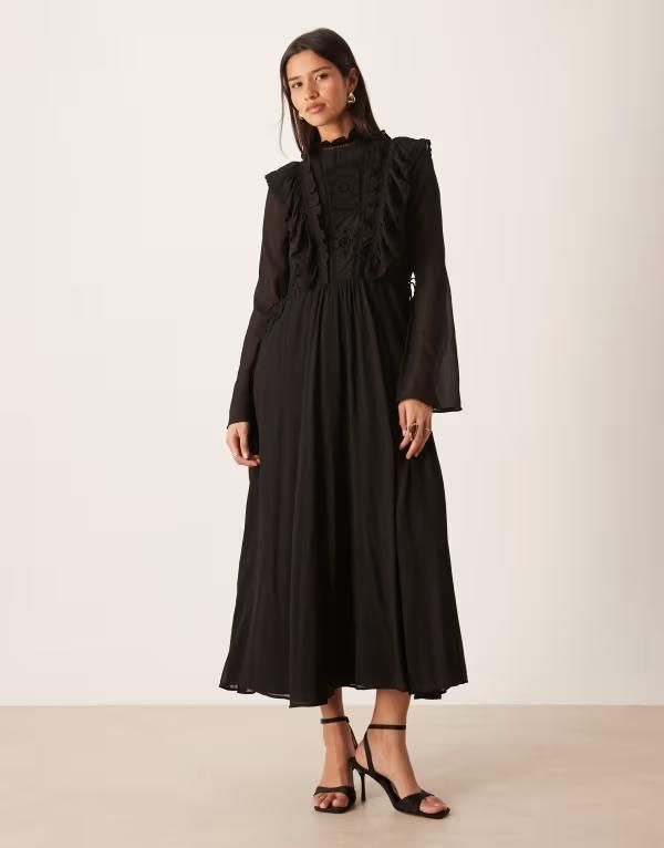 エイソス レディース トップス ワンピース ハイネック フリル レース マキシ ASOS DESIGN high neck ruffle maxi dress with lace inserts and ties in midnight black ブラック