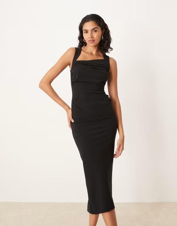 エイソス レディース トップス ワンピース ミディワンピース ミディ ASOS DESIGN square neck midi dress Black ブラック