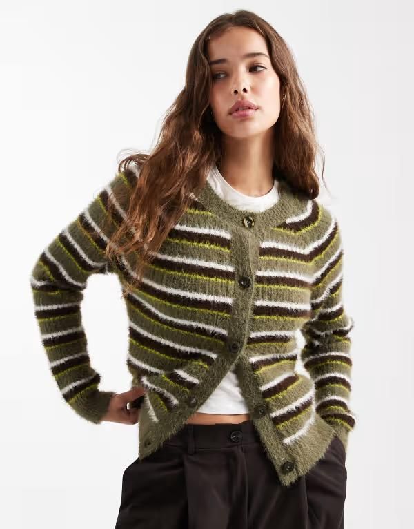スリードベア レディース アウター カーディガン クルーネック Threadbare crew neck fluffy cardigan stripe GREEN グリーン