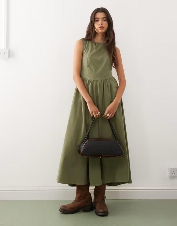 リクレイム ヴィンテージ レディース トップス ワンピース ミディワンピース ミディ デニム Reclaimed Vintage tie back denim midi dress in washed olive OLIVE GREEN グリーン