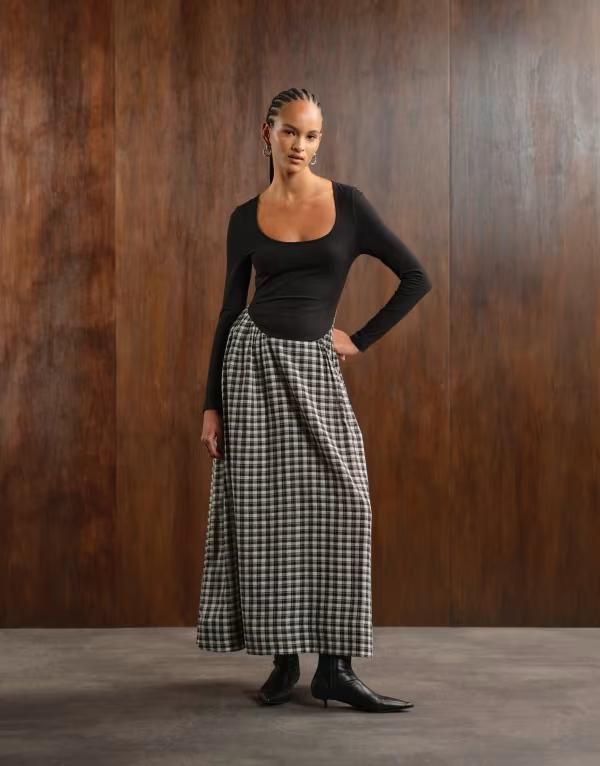 エイソス レディース トップス ワンピース マキシワンピース マキシ ASOS DESIGN scoop neck long sleeve hybrid maxi dress in mono plaid Mono check チェック