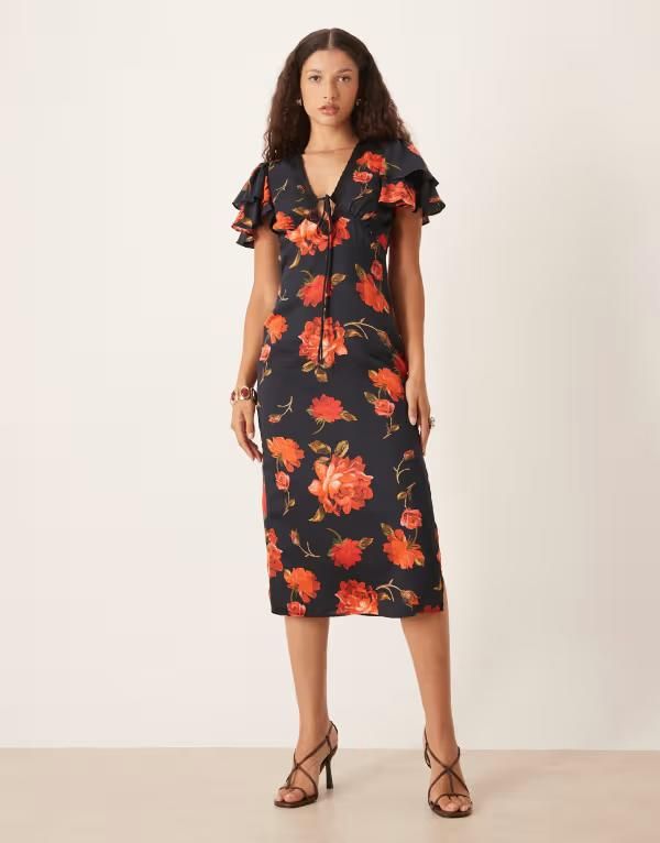 ホープ＆アイビー レディース トップス ワンピース レーストリム フラワー柄 ミディ サテン レース フラワー Hope Ivy satin lace trim flutter sleeve midi dress and red floral Multi マル
