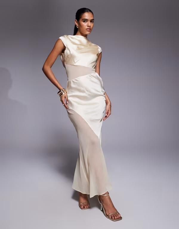 エイソス レディース トップス ワンピース シフォン ミディワンピース ミディ シアー サテン キャップ ASOS DESIGN cap sleeve satin midi dress with sheer chiffon panels in buttermi