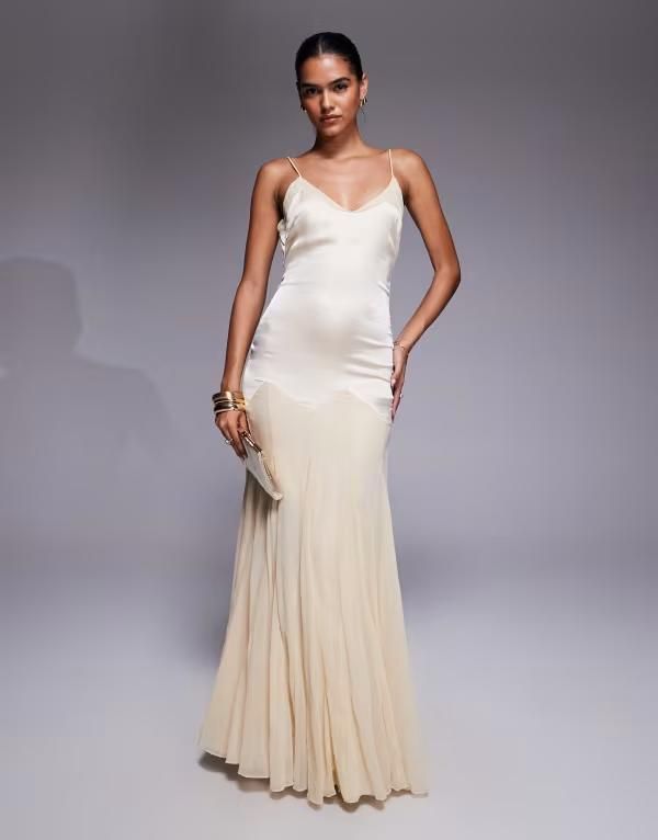 エイソス レディース トップス ワンピース シフォン マキシワンピース サテン スカート マキシ ASOS DESIGN dropped waist satin and chiffon mix maxi dress with full godet skirt