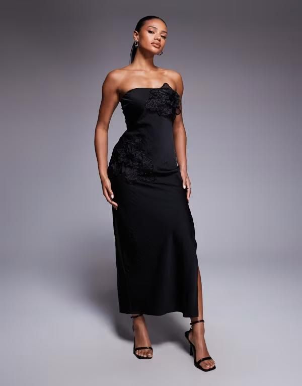 エイソス レディース トップス ワンピース マキシワンピース マキシ ASOS DESIGN bandeau flower applique maxi dress Black ブラック
