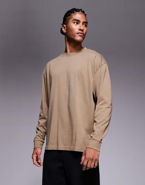 エイソス メンズ トップス Tシャツ ASOS DESIGN oversized long sleeve tshirt with cuff detailing Sepia tint ブラウン
