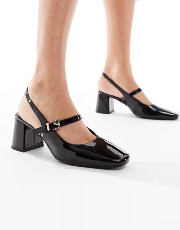 ロンドンレベル レディース シューズ サンダル ヒール London Rebel Camila buckle detail sling back mid heeled sandals Black patent pu ブラック