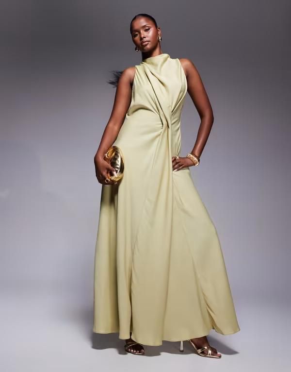 エイソス レディース トップス ワンピース ハイネック ドレープ サテン マキシ ASOS DESIGN high neck drape maxi satin dress with tucked detail in pale olive Pale Olive