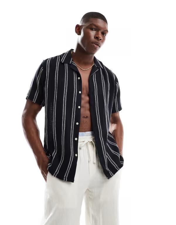 オンリーアンドサンズ メンズ トップス シャツ ONLY SONS textured camp collar shirt stripes Dark Navy ネイビー