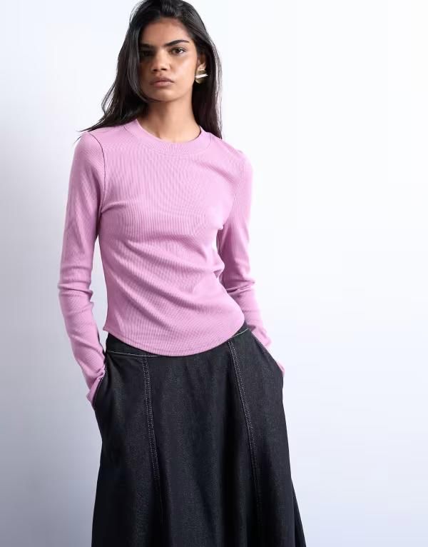 トップショップ レディース トップス Tシャツ リブ Topshop ribbed long sleeve curved hem topINK ピンク