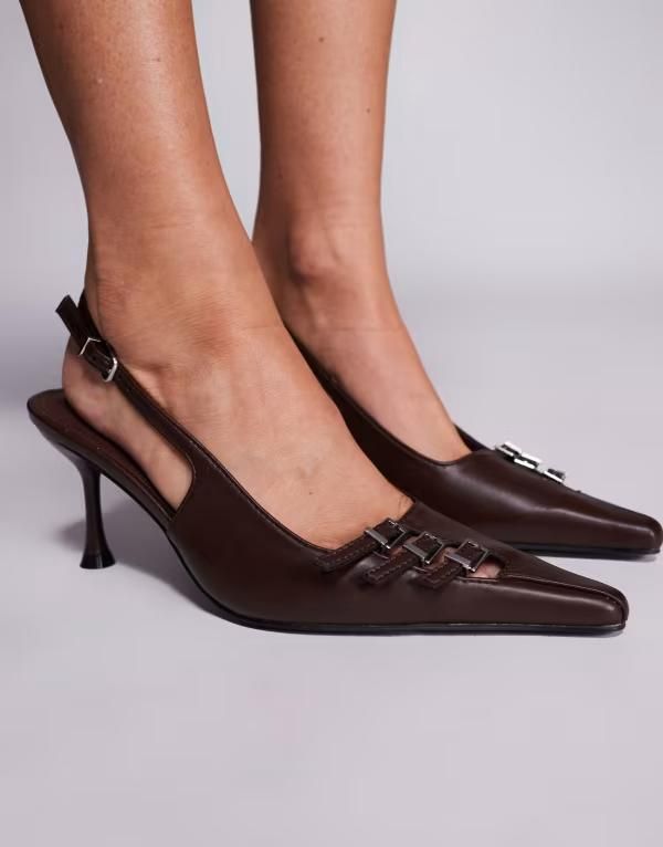 パブリックデザイア レディース シューズ ヒール Public Desire Devoted slingback heeled shoes with buckle detailing Chocolate Brown ブラウン