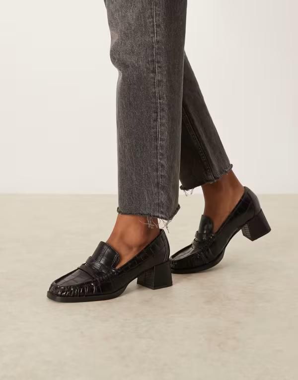 エイソス レディース シューズ スリッポン・ローファー ローファー ヒール ASOS DESIGN Siren mid heel loafers croc BLACK CROC ブラック