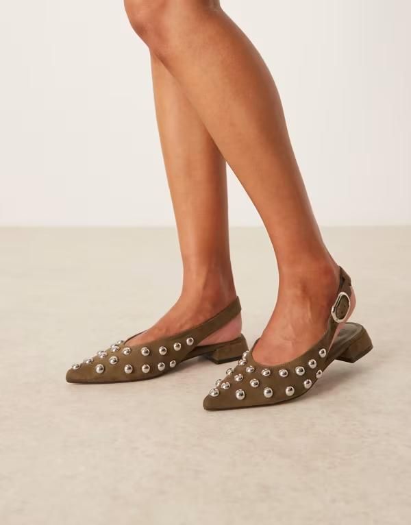 エイソス レディース シューズ パンプス スエード ASOS DESIGN Leonora studded slingback ballet flats in olive suedette Olive suedette オリーブ