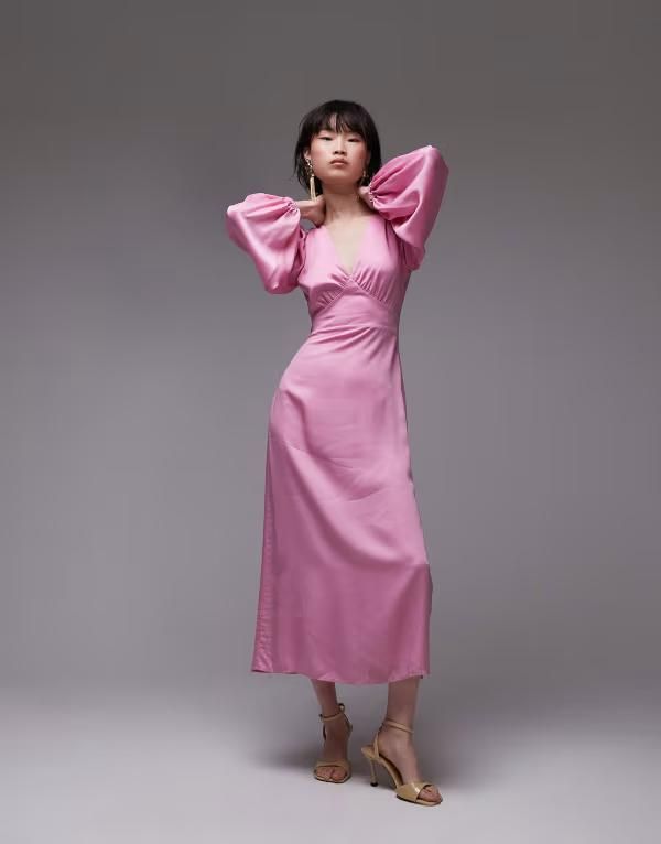 アンドアザーストーリーズ レディース トップス ワンピース ミディワンピース ミディ Other Stories midi dress with side slits and volume sleeves PINK ピンク