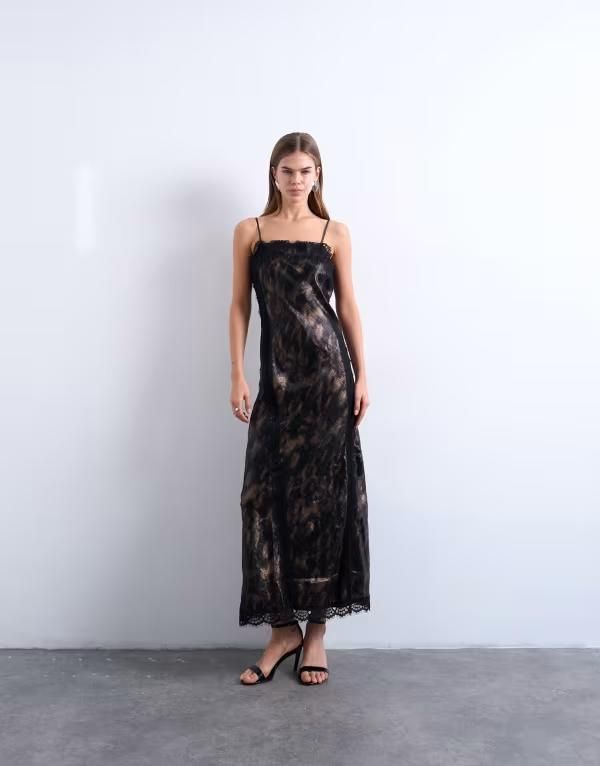 トップショップ レディース トップス ワンピース プリント ミディ トール レース Topshop lace slip midin metallic abstract print SILVER シルバー 15,606円