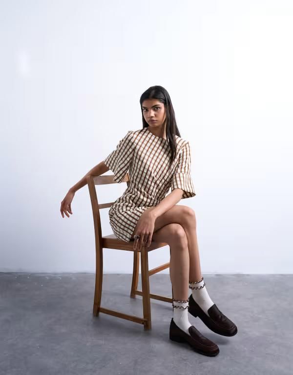 トップショップ レディース トップス ワンピース ミニワンピース ミニ Tシャツ Topshop seersucker Tshirt mini dress plaid BROWN ブラウン