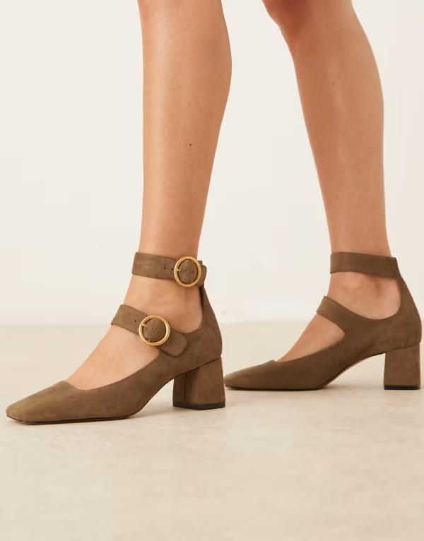 エイソス レディース シューズ ヒール スエード ASOS DESIGN Sasha double buckle strap mid block heel shoes in olive suedette Olive suedette オリーブ