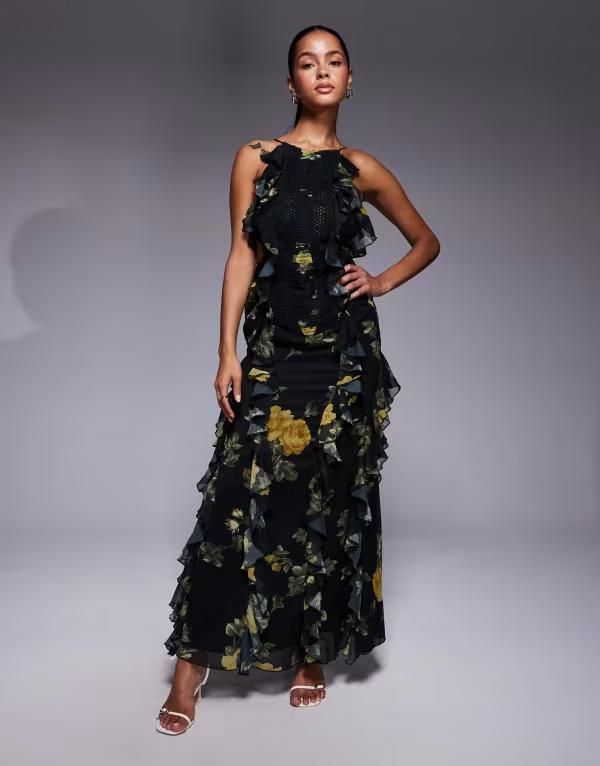 エイソス レディース トップス ワンピース マキシワンピース フラワー柄 プリント フリル マキシ フラワー ASOS DESIGN ladder trim ruffle maxi dress in floral print Floral Print