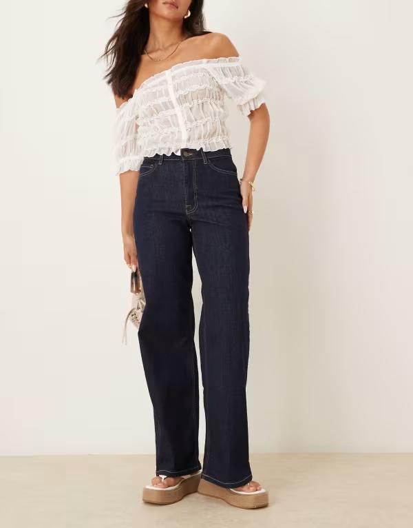 ジェイディーワイ レディース ボトムス デニムパンツ ワイドレッグ デニム ジーンズ JDY high rise wide leg jeans in rinse blue denim Dark blue denim デニム
