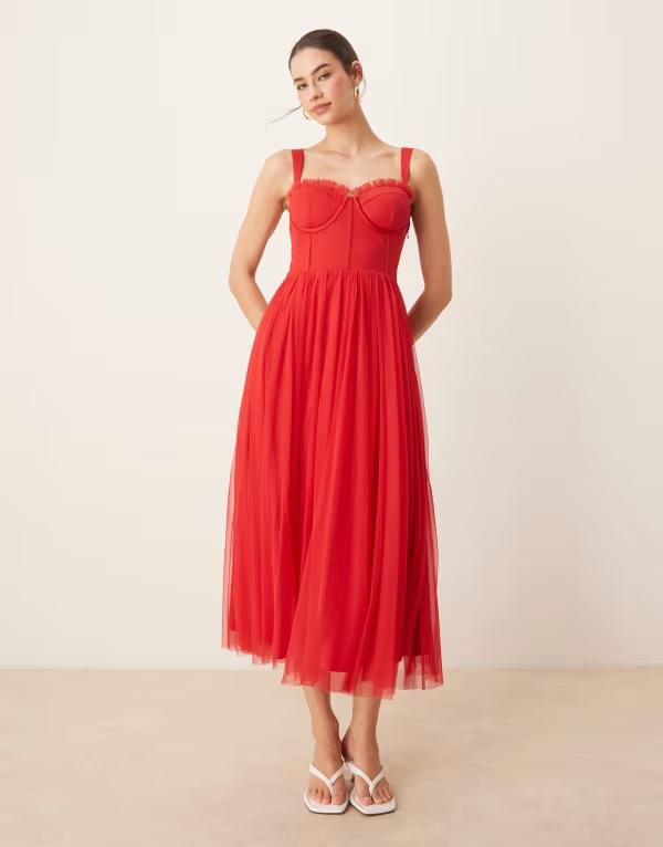 レース アンド ビーズ レディース トップス ワンピース チュール ミディ Lace Beads tulle corset midi dress Red レッド