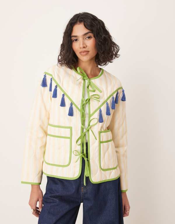 ネバーフリードレスド レディース アウター ジャケット・ブルゾン ジャケット Never Fully Dressed tassel trim striped jacket in cream CreamGreen クリーム