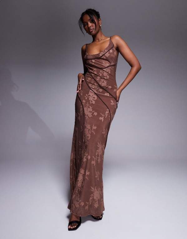 エイソス レディース トップス ワンピース アシンメトリー マキシワンピース マキシ ASOS DESIGN asymmetric neckline devore maxi dress with exposed seaming details in choc