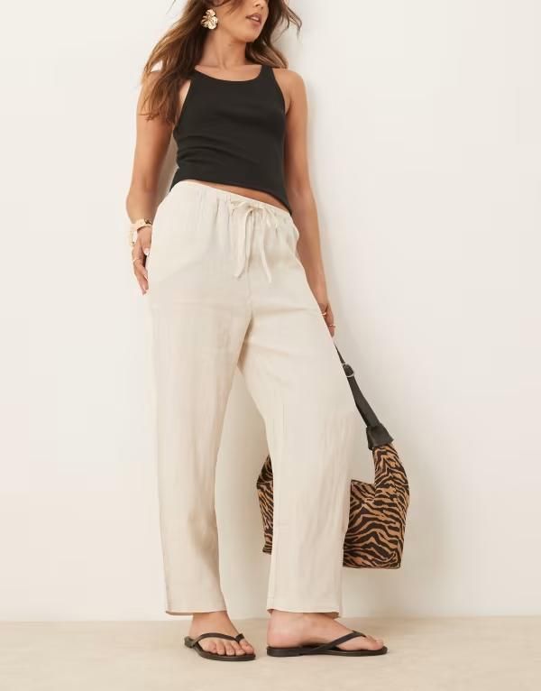 マンゴ レディース ボトムス カジュアルパンツ リネン Mango tie waist linen pants in light BEIGE ベージュ