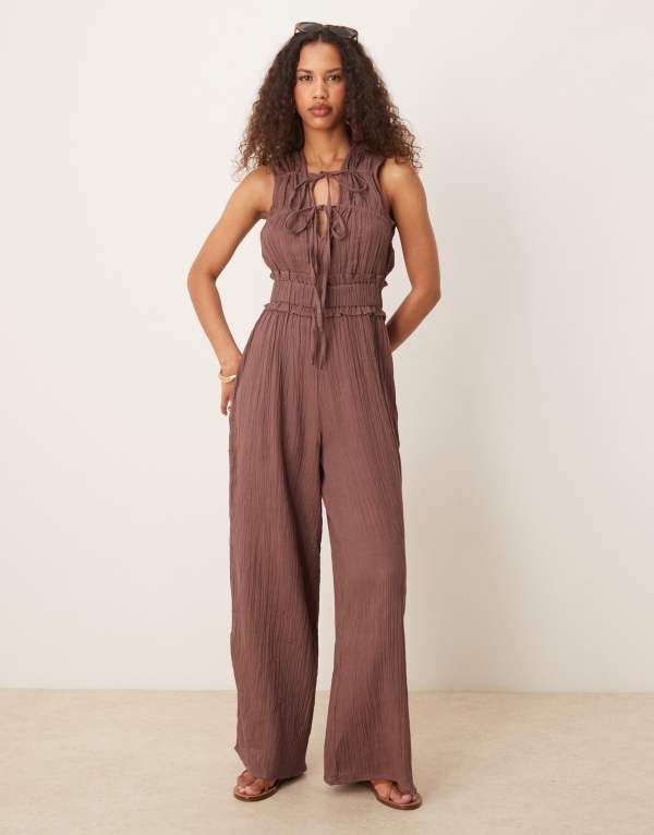 エイソス レディース トップス ジャンプスーツ ASOS DESIGN double cloth gathered bust jumpsuit in chocolate Chocolate チョコレート