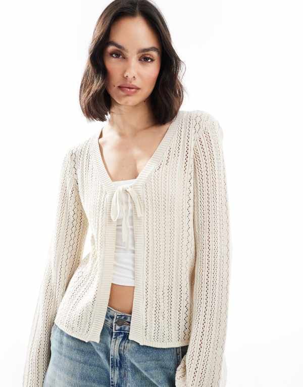 ピーシーズ レディース アウター カーディガン Pieces crochet tie front cardigan in birch cream Birch クリーム