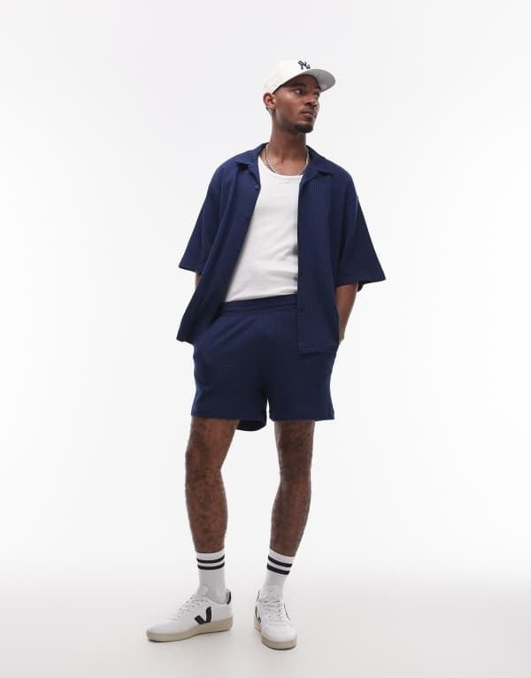トップマン メンズ ボトムス ハーフパンツ・ショーツ オーバーサイズフィット Topman oversized fit waffle short NAVY ネイビー