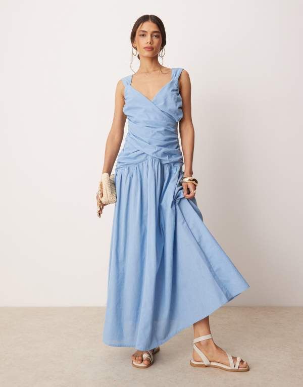 エイソス レディース トップス ワンピース リネン ASOS DESIGN dropped waist linen look midaxi dress with wrap bodice in sky Sky Blue ブルー