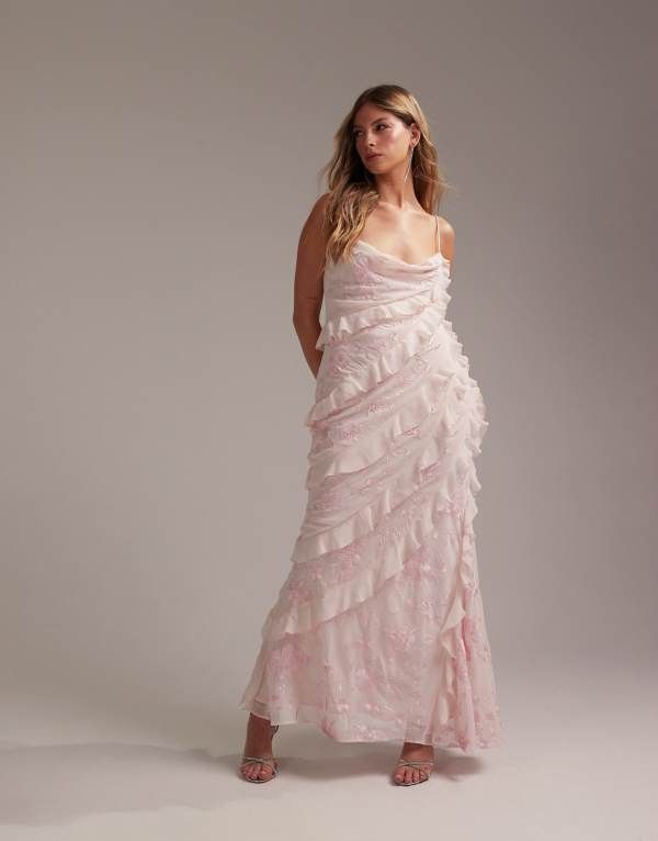 エイソス レディース トップス ワンピース マキシワンピース フリル 刺繍 マキシ ASOS DESIGN Bridesmaids embroidered ruffle cami bias maxi dress in soft Soft pink ピンク