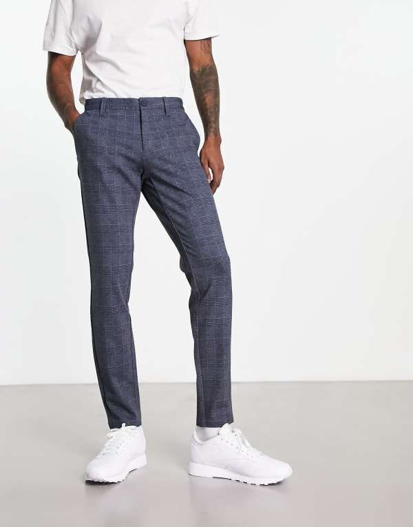 オンリーアンドサンズ メンズ ボトムス カジュアルパンツ スリムフィット パンツ ジャージー Only Sons slim fit jersey pants check Dress Blues ネイビー