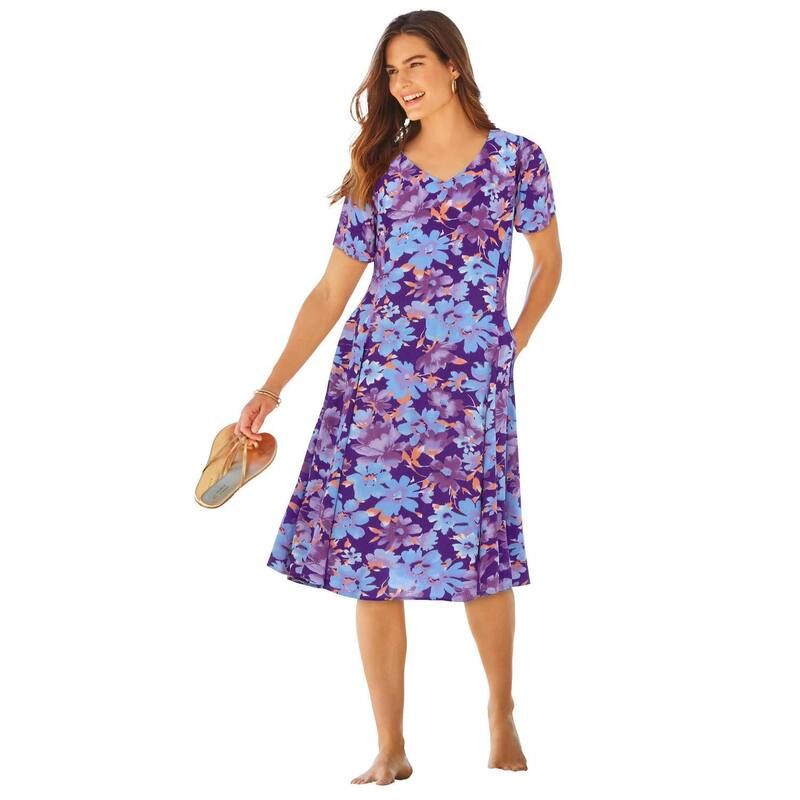 ウーマン ウィズイン レディース トップス ワンピース プラスサイズ Woman Within Plusize Short Crinkle Dress Radiant Purple Floral パープル