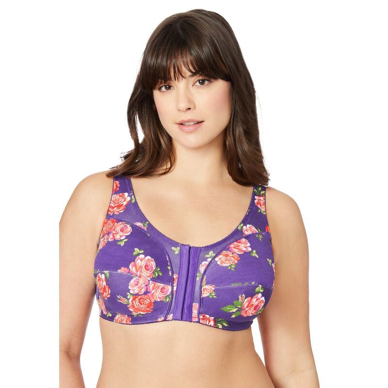 コンフォート チョイス レディース アンダーウェア ブラジャー プラスサイズ コットン Comfort Choice Womens Plusize Cotton FrontClose Wireless Bra Bright Purple Roses パープル