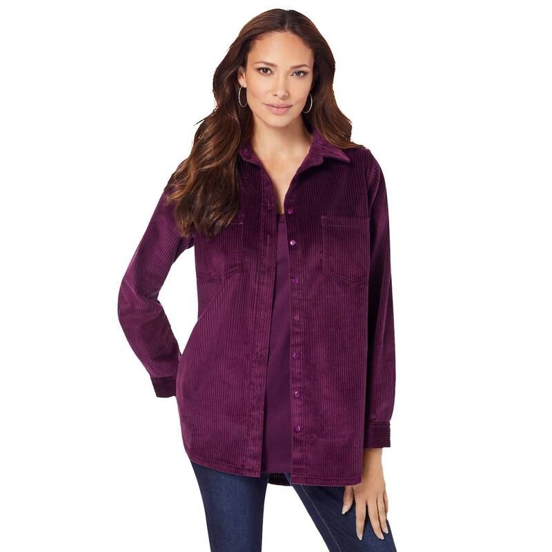 ロアマンズ レディース トップス シャツ コーデュロイ プラスサイズ Roamans Womens Plusize Corduroy ButtonFront Shirt Dark Berry
