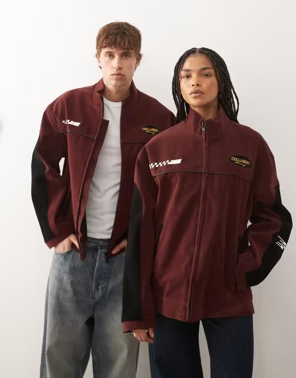 コルージョン レディース アウター コート スエード ジャケット COLLUSION Unisex faux suede track jacket and RED レッド