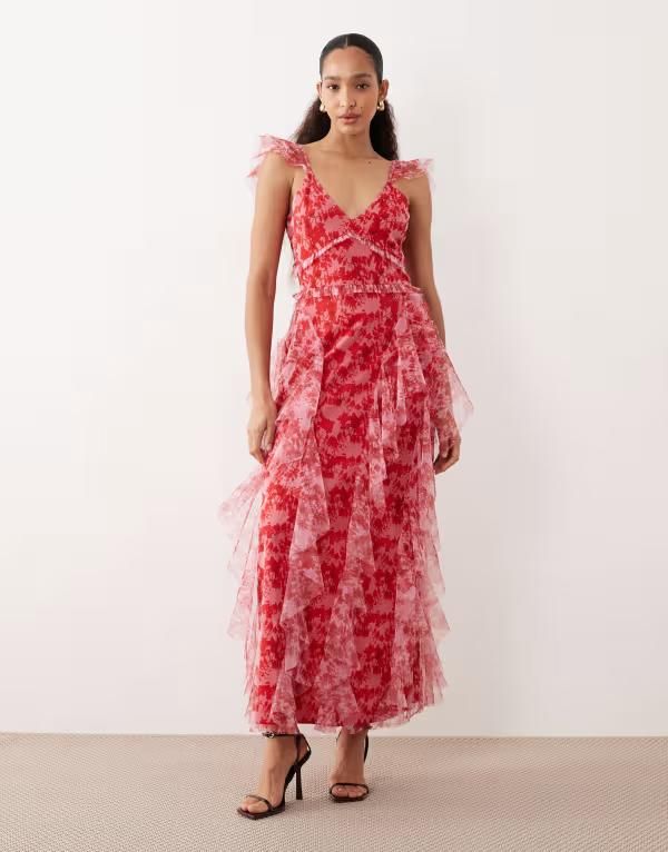 レース アンド ビーズ レディース トップス ワンピース チュール フラワー柄 フリル フラワー Lace Beads tulle ruffled midaxi dress and pink floral Multi マルチカラー