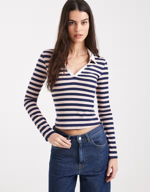 ミスセルフフリッジ レディース トップス ポロシャツ リブニット Misselfridge striped rib knit long sleeve polo top Navy pink stripe ネイビー