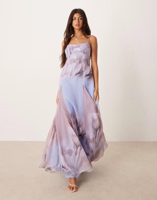 エイソス レディース トップス ワンピース シフォン フラワー柄 マキシ フラワー ASOS DESIGN chiffon strappy maxi dress with deep godets in lilac floralilac floral ライラック
